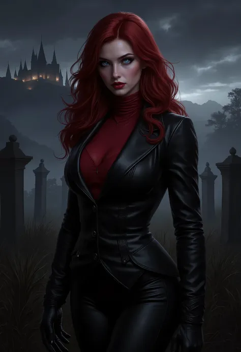  beautiful sensual sexy woman muscular body red wavy long hair blue eyes, white skin, red lips, round face full red lips high arched eyebrows thin waist long shapely legs full breasts broad shoulders slightly open ((huge vampire fangs)) black leather ridin...