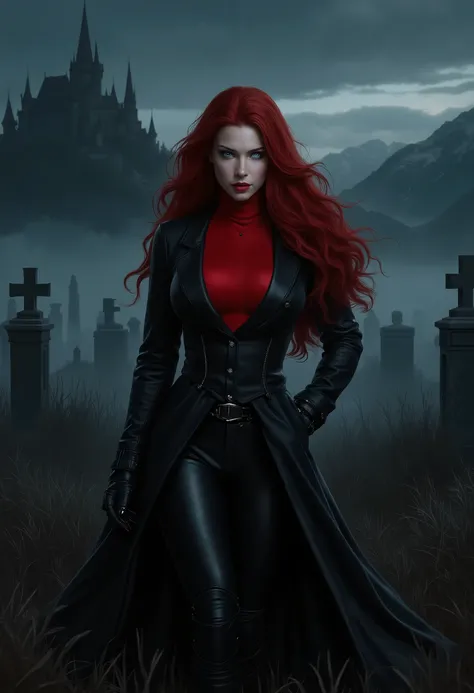  beautiful sensual sexy woman muscular body red wavy long hair blue eyes, white skin, red lips, round face full red lips high arched eyebrows thin waist long shapely legs full breasts broad shoulders slightly open ((huge vampire fangs)) black leather ridin...