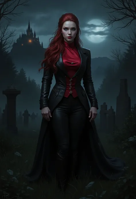  beautiful sensual sexy woman muscular body red wavy long hair blue eyes, white skin, red lips, round face full red lips high arched eyebrows thin waist long shapely legs full breasts broad shoulders slightly open ((huge vampire fangs)) black leather ridin...