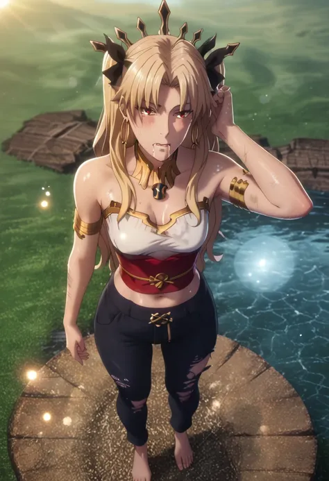(warm colored:1.3), ((sepia, cinematic)), score_9, score_8_up, score_8, score_7_up, bouqtm, ishtar_(fate), red_eyes, parted bangs, long_hair, jewelry, earrings, black_hair, armlet, crown, two_side_up, small_breasts, hoop_earrings, ribbon, plump, shiny skin...