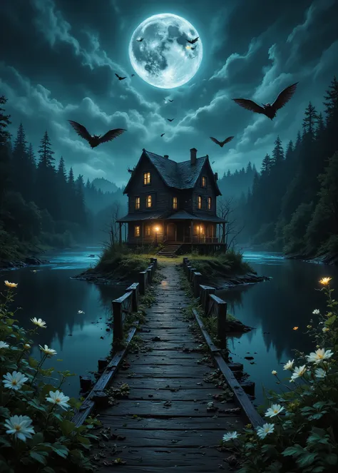 Large lake in the forest、On the island in the middle、I Can See a Haunted House That Almost Collapsed、 there is thin moss growing on the roof、 can see the light from the window 、I can see an old wooden bridge over the island、Dead Trees and Flowers、Full Moo...