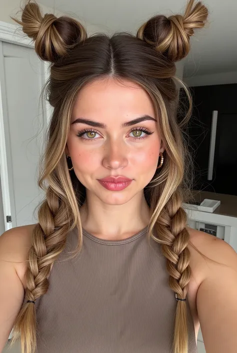 Quem, 23 anos, with long dark blonde hair, Take a stylish selfie. Her face and upper body are in focus, Her hair is wild and wild loosely in two undone braids, that sit on the front of the head and look like Mickey Mouse ears Playful. Some locks fall loose...