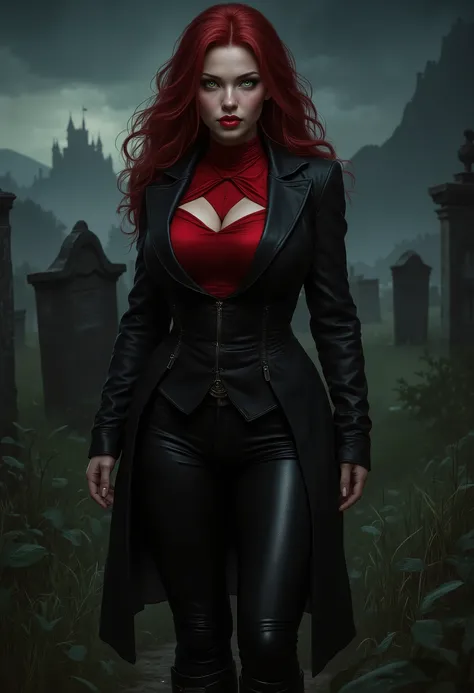  beautiful sensual sexy cool vampire girl slightly open ((huge vampire fangs))  muscular body red wavy long hair emerald green eyes, white skin, red lips, round face full red lips high arched eyebrows thin waist long shapely legs full breasts broad shoulde...