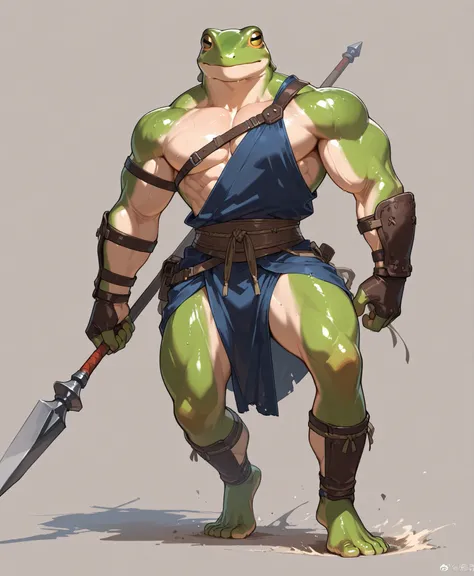 full body、simple background、high definition、Superb details、 walking on two legs、lean muscle、battle scene、frog、Adventurer、spear