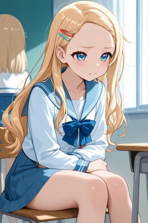 Make a high school girl, she has blonde hair with many cute hair clips, blue ocean eyes, tired face, sexy, wear a japanese school girl uniform, she's sitting on a chair in the classroom