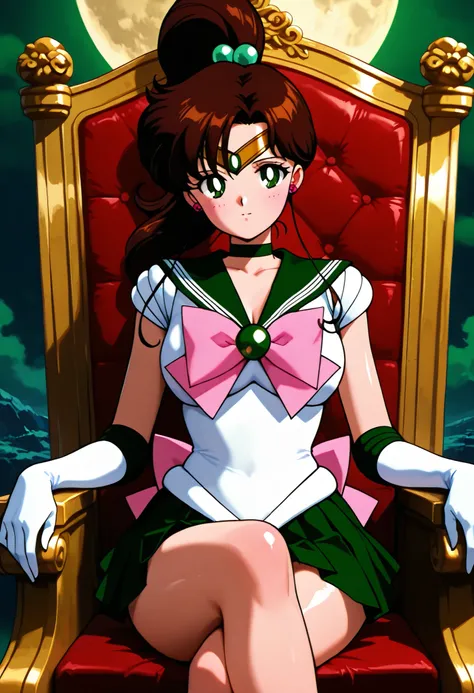 masterpiece,best quality,amazing quality, sailor jupiter, brown hair,  green eyes, hair bobbles, ponytail, sidelocks, parted bangs, back bow,  bowtie, brooch, choker, earrings, elbow gloves, gloves, green choker, green gemstone, green sailor collar, green ...
