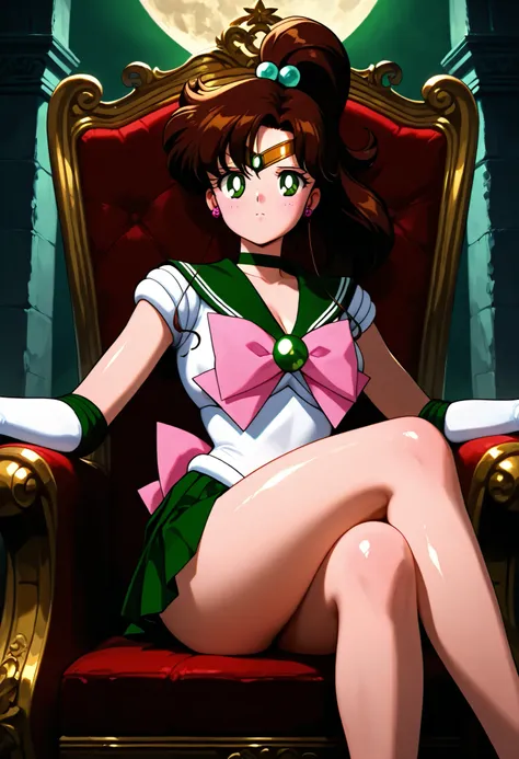 masterpiece,best quality,amazing quality, sailor jupiter, brown hair,  green eyes, hair bobbles, ponytail, sidelocks, parted bangs, back bow,  bowtie, brooch, choker, earrings, elbow gloves, gloves, green choker, green gemstone, green sailor collar, green ...