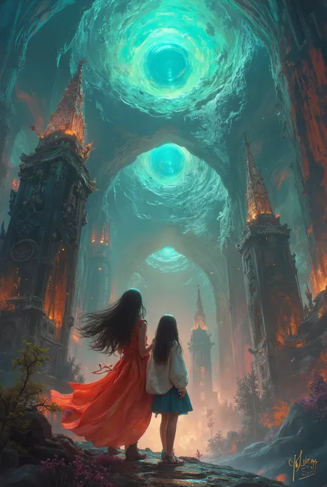Two beautiful girls taking commemorative photos at tourist attractions around the realm of the dead, vivid colors, dramatic lighting,