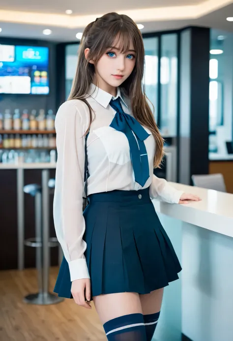 masterpiece, 最high quality, high quality, high resolution, girl, solo, aqua ( Conos bar ), long hair, blue eyes, Sheer blouse, office skirt, white thigh high socks, full body, standing, pocket with one hand, , depth of field, Lab,