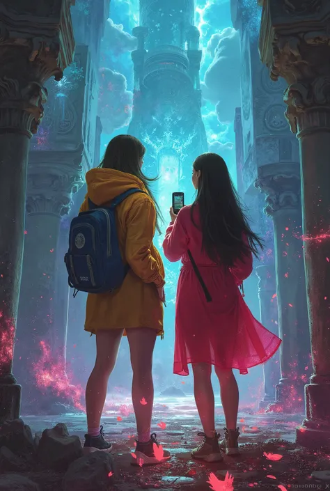 Two beautiful girls taking commemorative photos at tourist attractions around the realm of the dead, vivid colors, dramatic lighting,