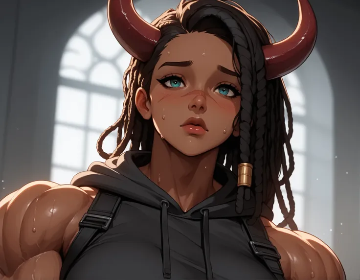 college_house_party, blurred_red_and_purple_LED_background, soft_party_lighting, ambient_fog, faint silhouettes in background, dark_skin, long_red_dreadlocks, bull_horns, scarred_very_muscular_upper_body, (very_muscular_female:1.3), combat_corset_with_crim...