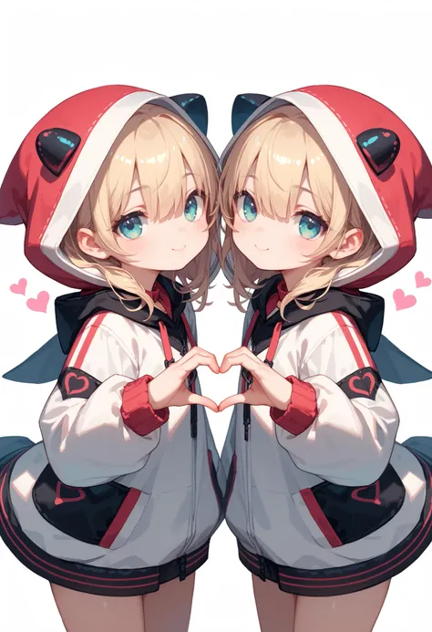 Chibi character style, 2 girl, twins, looking at viewer, symmetry, (heart hands:1.3), simple background, hood up, hood over eyes