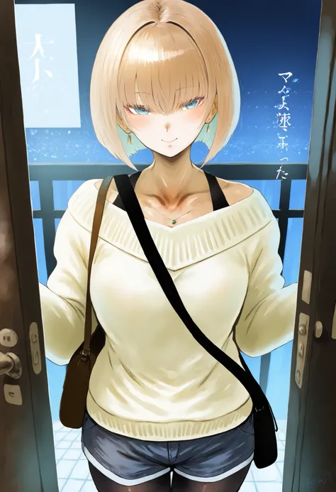 (Artist Neisan))1 woman、access、is standing at the entrance、night、night景、 open door、tall、gal、older sister、model body type、 slim、A seductive body、blond hair、Fair skin、bob cut、shortcuts、Details、cover、Wear a white mask、yellow high neck sweater、shorts、black tig...
