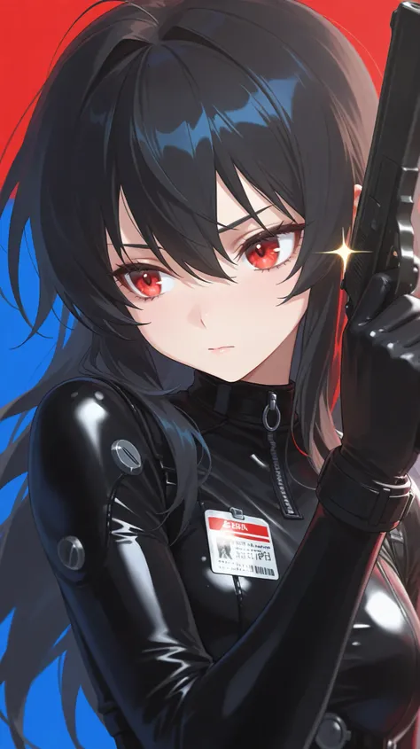 girl, wearing a black latex jumpsuit, ((black hair)), simple background,   clean background  , blue background,   red background,  검은색 배경, high resolution, big ,  long hair, tag, sparkle effect,   backlight, beautiful appearance,   lashes, Portrait holding...