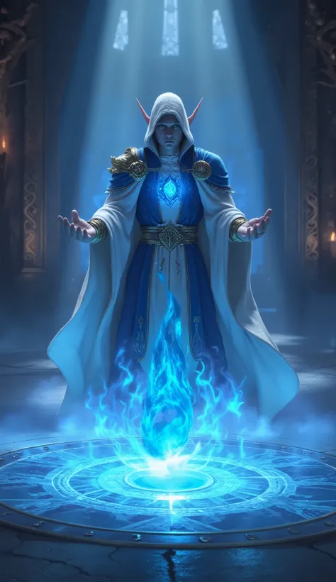 Young Wather Mage summoning usqing magic a Wather Entity, the mage is clothed in beautiful blue and white robes, before the mage on the flor in range of 1,5 meter is a magical runic circle with a water emblem in the middle. Background is inside the tower o...