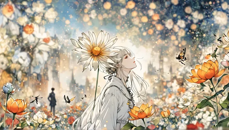 (Harry Clarke (Harry Clarkee) style:0.5),(Santiago Caruso style:0.7),
1 girl,
BREAK Flower Background,(Floral foreground:1.6),( blurry background:1.7),from_side,A composition centered on a person,looks up,(pictures:1.4),(actually:1.5),middle_shooting,watch...