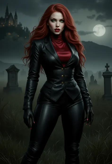  beautiful sensual sexy cool vampire girl slightly open ((huge vampire fangs))  muscular body red wavy long hair emerald green eyes, white skin, red lips, round face full red lips high arched eyebrows thin waist long shapely legs full breasts broad shoulde...