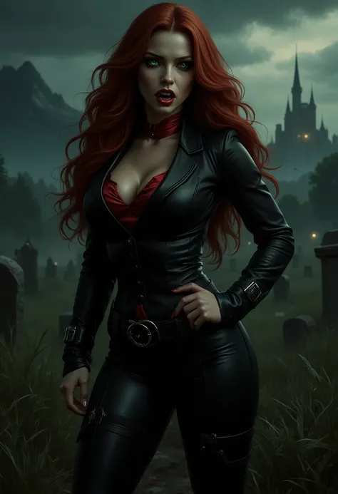  beautiful sensual sexy cool vampire girl slightly open ((huge vampire fangs))  muscular body red wavy long hair emerald green eyes, white skin, red lips, round face full red lips high arched eyebrows thin waist long shapely legs full breasts broad shoulde...