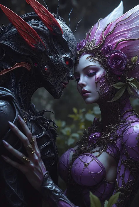 (Best Quality, 4K, high definition, masterpiece:1.2), (super detailed, photorealistic looking happy:1.37), photo taken by professional photographer, a beautiful, 1 extremely sensual prince of bugs, with 1 beautiful female flower spirit, kissing each other,...