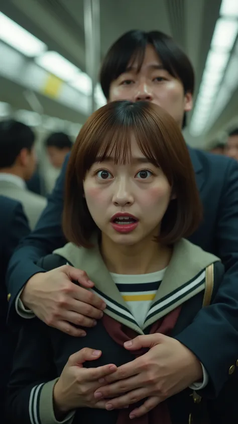 A high resolution photograph of a young beautiful Japanese woman being molested wearing a school uniform standing inside a crowded train car.
She has petite body, brown hair and pale skin.
(A man grabs her breasts with both hands from behind. The man's fac...