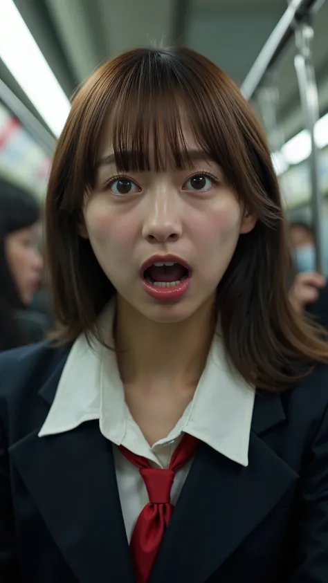 A high resolution photograph of a young beautiful Japanese woman being molested wearing a school uniform standing inside a crowded train car.
She has petite body, brown hair and pale skin.
(A man grabs her breasts with both hands from behind. The man's fac...