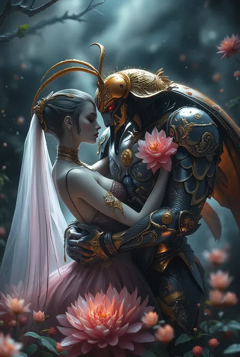 (Best Quality, 4K, high definition, masterpiece:1.2), (super detailed, photorealistic looking happy:1.37), photo taken by professional photographer, a beautiful, 1 extremely sensual prince of bugs, with 1 beautiful female flower spirit, kissing each other,...