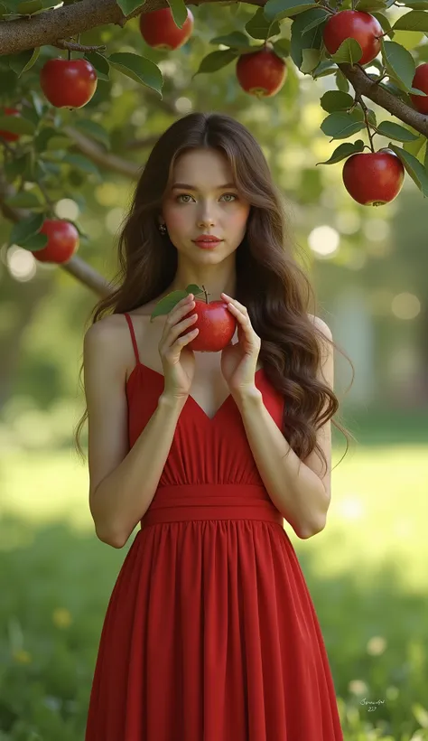 beautiful girl, long brown hair, stands under an apple tree, holds an apple in his hands, red dress, high heel Real, high-quality image