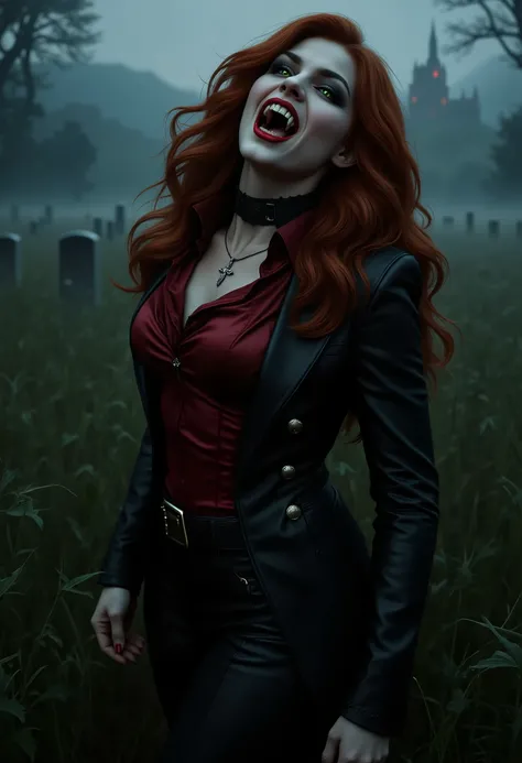 full body beautiful sensual sexy cool vampire girl slightly open ((huge vampire fangs)) muscular body red wavy long hair emerald green eyes, white skin, red lips, round face full red lips high arched eyebrows thin waist long shapely legs full breasts broa...
