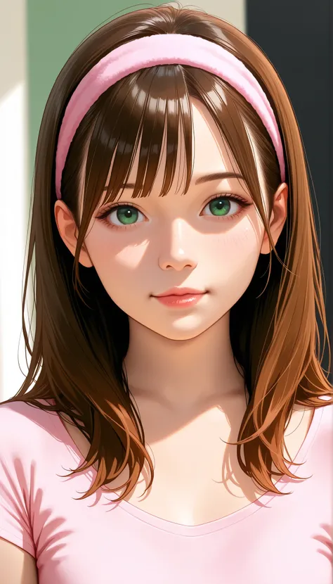 Portrait of adult woman, long brown hair with full spiky bangs and pink hairband, green eyes, medium chest, pink crop top, short sleeves and scoop neck, front face view, realistic style 
