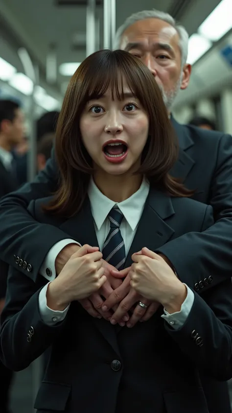 A high resolution photograph of a young beautiful Japanese woman being molested wearing a school uniform standing inside a crowded train car.
She has petite body, shoulder-length brown hair and pale skin.
(A old man holds her from behind and grabs her brea...