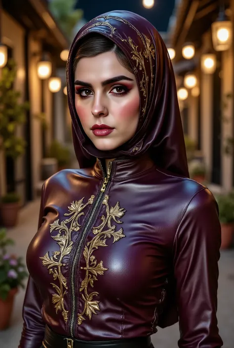 Crocodile pattern blousegorgeous woman, professional, (4k photo) by (Jeremy Lipking:0.3), (Dittmann Anna:0.3), (Arian Mark:0.3), (Sharp focus:1.3), (beautiful woman:1.3), wearing (leather hijab, leather abaya with intricate gold details:1.2), perfect make-...