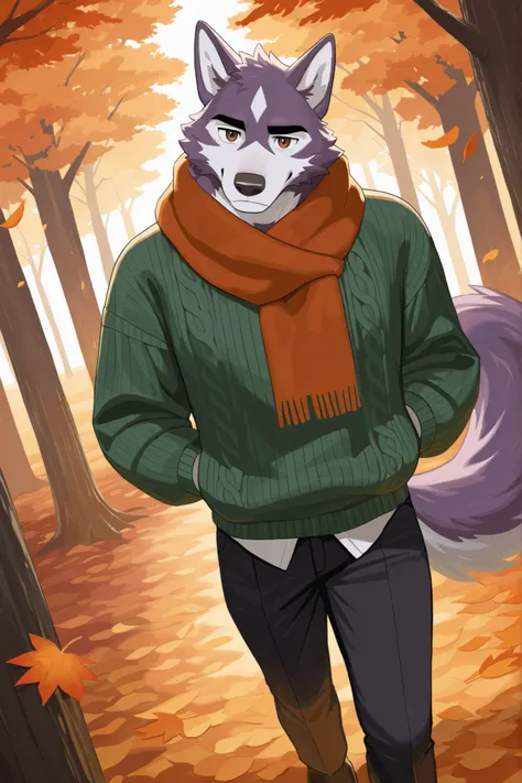 solo, 1boy, A slim male anthropomorphic wolf with dark purple fur, white on his muzzle, chest, and tail tip, and black markings on his ears and paws. He has soft brown eyes and slightly messy headfur. He is wearing cozy autumn clothes: a forest green knit ...