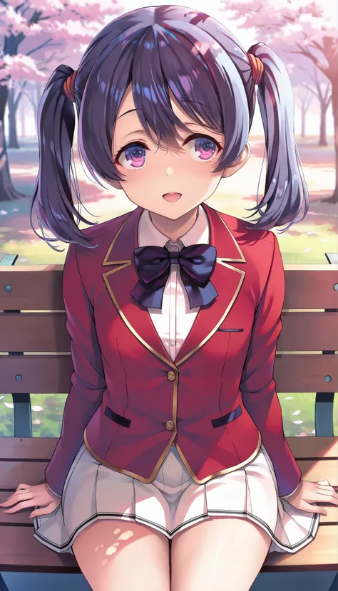 (mei-yu wang:1.3),
white shirt, red jacket, collared shirt, white skirt, bowtie, medium_breasts,
(minamoto_(mutton) :1.0),(mana_(remana):0.8),(satou_kuuki :1.0),(belko:0.7),(as109:0.9),
1girl, solo, sitting, outdoors, day, sunlight, bench,
from front...