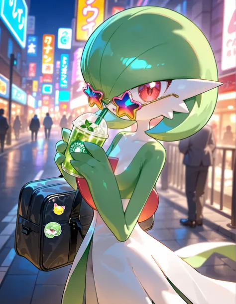 gardevoir, green_hair, green_skin, hair_over_one_eye,in urban streets。Holding a tapioca drink。Cyber City。colorful ad。Star-shaped sunglasses。Decals。sticker carrying case