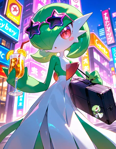 gardevoir, green_hair, green_skin, hair_over_one_eye,in urban streets。Have a drink。Cyber City。colorful ad。Star-shaped sunglasses。Decals。 stickers 。carry case