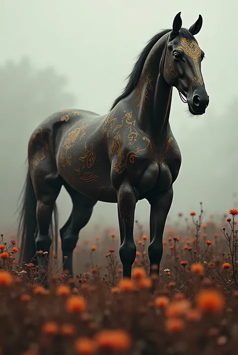 full-length--9:16 --ar (cyborg horse cybernetic organism 32k--9:16 --ar) carbon fiber mask, hires professional photography of the highest quality, beautiful face shape, perfect anatomy, expressive look, dark scientific fantasy swamp of rotten flowers, mist...