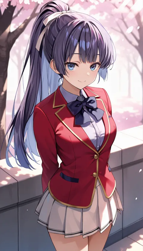 score_9_up score_8_up score_7_up, mako amikura, 1girl, ponytail, long hair, hair ribbon, purple hair, blue hair, ribbon, bangs, high ponytail,
white shirt, red blazer(buttoned blazer), collared shirt, white skirt, bowtie, medium_breasts,
1girl, solo,stand...