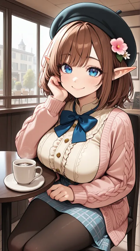masterpiece, best quality, amazing quality, very aesthetic, absurdres,, detailed eyes, detailed hair,1girl, solo, elf, big breasts,medium brown hair, blue eyes, vintage-inspired beret with flower pin, blue and pink plaid dress, golden buttons down the fro...