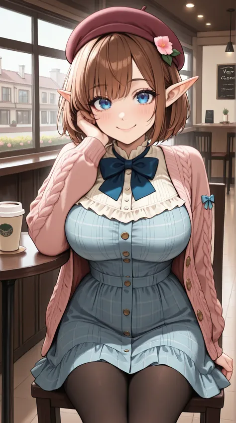 masterpiece, best quality, amazing quality, very aesthetic, absurdres,, detailed eyes, detailed hair,1girl, solo, elf, big breasts,medium brown hair, blue eyes, vintage-inspired beret with flower pin, blue and pink plaid dress, golden buttons down the fro...