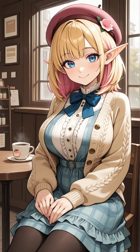 masterpiece, best quality, amazing quality, very aesthetic, absurdres,, detailed eyes, detailed hair,1girl, solo, elf, big breasts,brown medium hair, blue eyes, vintage-inspired beret with flower pin, blue and pink plaid dress, golden buttons down the fron...