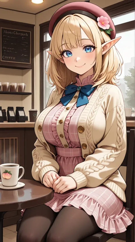 masterpiece, best quality, amazing quality, very aesthetic, absurdres,, detailed eyes, detailed hair,1girl, solo, elf, big breasts,brown medium hair, blue eyes, vintage-inspired beret with flower pin, blue and pink plaid dress, golden buttons down the fron...