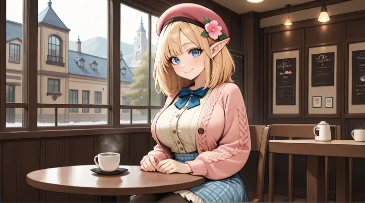 masterpiece, best quality, amazing quality, very aesthetic, absurdres,, detailed eyes, detailed hair,1girl, solo, elf, big breasts,brown medium hair, blue eyes, vintage-inspired beret with flower pin, blue and pink plaid dress, golden buttons down the fron...