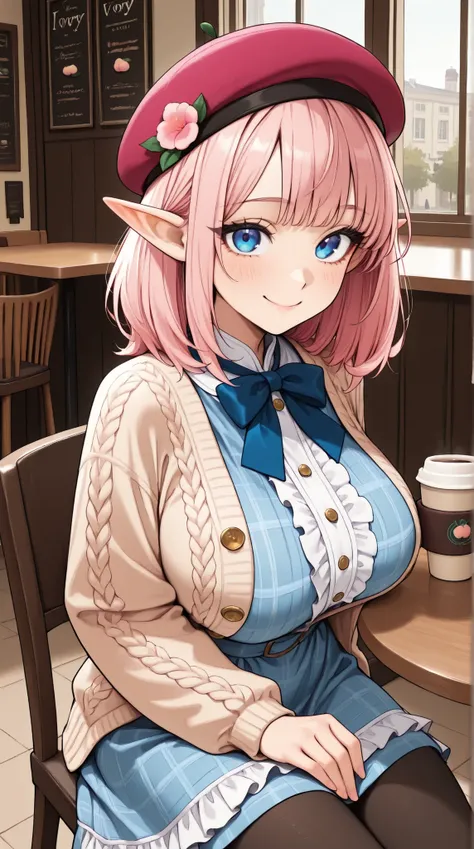 masterpiece, best quality, amazing quality, very aesthetic, absurdres,, detailed eyes, detailed hair,1girl, solo, elf, big breasts,brown medium hair, blue eyes, vintage-inspired beret with flower pin, blue and pink plaid dress, golden buttons down the fron...