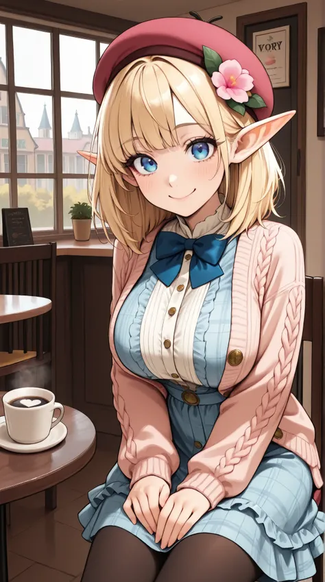masterpiece, best quality, amazing quality, very aesthetic, absurdres,, detailed eyes, detailed hair,1girl, solo, elf, big breasts,brown medium hair, blue eyes, vintage-inspired beret with flower pin, blue and pink plaid dress, golden buttons down the fron...
