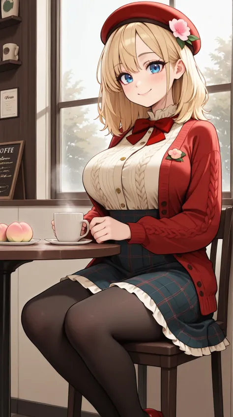masterpiece, best quality, amazing quality, very aesthetic, absurdres,, detailed eyes, detailed hair,1girl, solo,
vintage-inspired beret with flower pin, navy and red plaid dress, golden buttons down the front, ivory blouse with ruffle detailing and red bo...