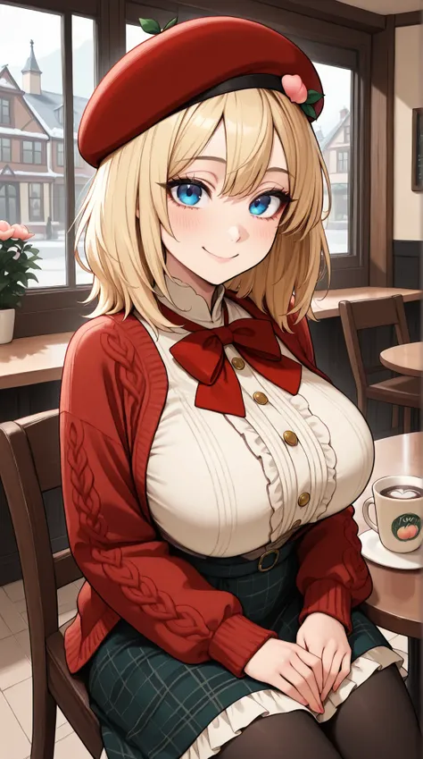masterpiece, best quality, amazing quality, very aesthetic, absurdres,, detailed eyes, detailed hair,1girl, solo,
vintage-inspired beret with flower pin, navy and red plaid dress, golden buttons down the front, ivory blouse with ruffle detailing and red bo...