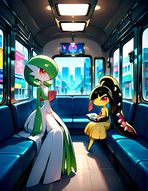 Tiny Mawile。Mawile。gardevoir, green_hair, green_skin, hair_over_one_eye,in urban streets。holding a book in one's hand。Cyber City。colorful ad。 inside the bus。2 people。