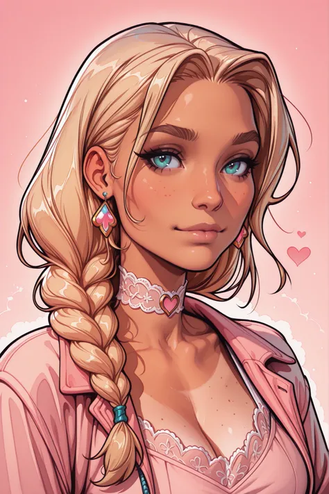 (TangoBat:0.7),(Sakimichan:0.7), A digitally rendered anime-style portrait of a beautiful woman with light-blonde braided hair, tanned skin, and a soft, pastel pink outfit, a slightly oversized jacket/blouse with a textured, almost satin-like finish, a del...