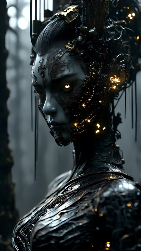(Full-body shot, uncropped, centered, standing from head to toe) of a cyborg geisha, a futuristic cybernetic organism with a sculpted carbon fiber mask and intricate gold filigree woven into dark armor plating. She stands in a haunting, mist-filled sci-fi ...