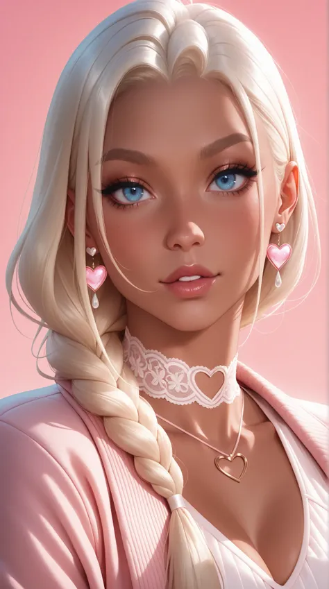 (TangoBat:0.7),(Sakimichan:0.7), A digitally rendered anime-style portrait of a beautiful woman with light-blonde braided hair, tanned skin, and a soft, pastel pink outfit, a slightly oversized jacket/blouse with a textured, almost satin-like finish, a del...
